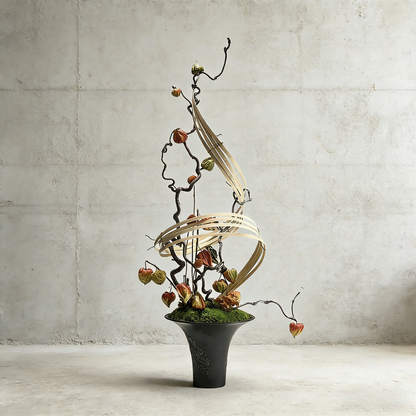 Handmade Preserved Moss With Artificial Floral, Natural Wood Arrangement In Ceramic Vase, Zen Decor for Home & Office. Indoor Plant Gift