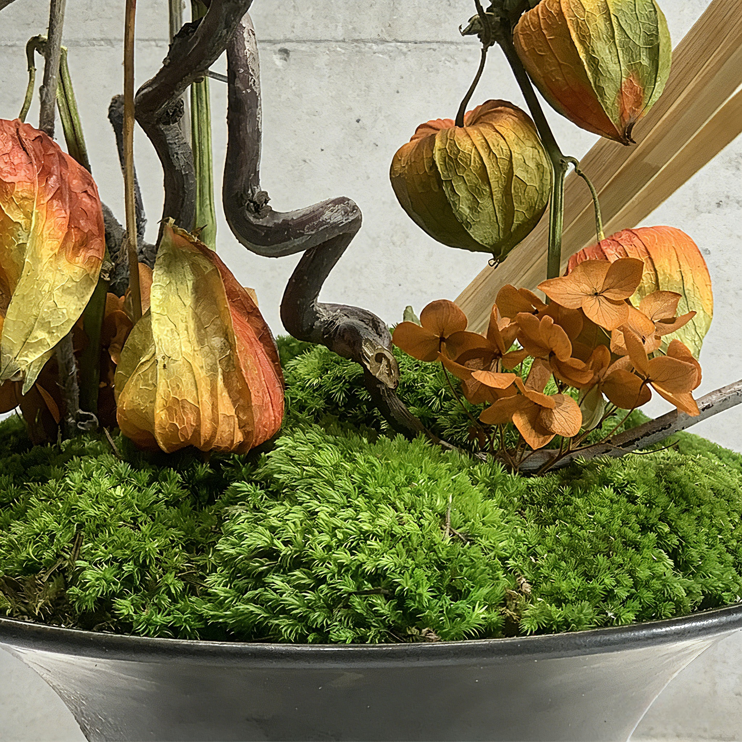 Handmade Preserved Moss With Artificial Floral, Natural Wood Arrangement In Ceramic Vase, Zen Decor for Home & Office. Indoor Plant Gift
